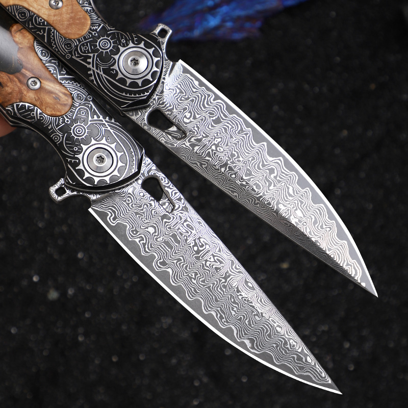 Dao Gấp Damascus Cao Cấp Vĩnh Động Cơ – Thép Nhật 75 Lớp, Nhẹ Gọn 118g